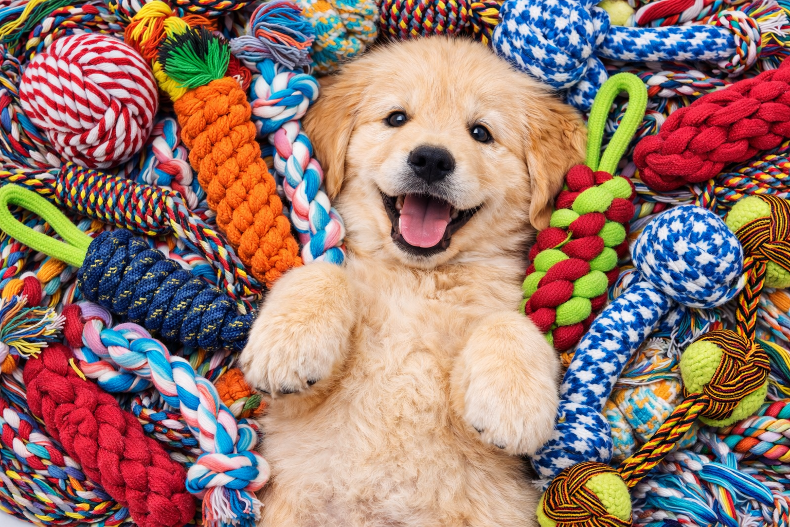 Happy puppy surrounded by colorful dog toys by Looney's