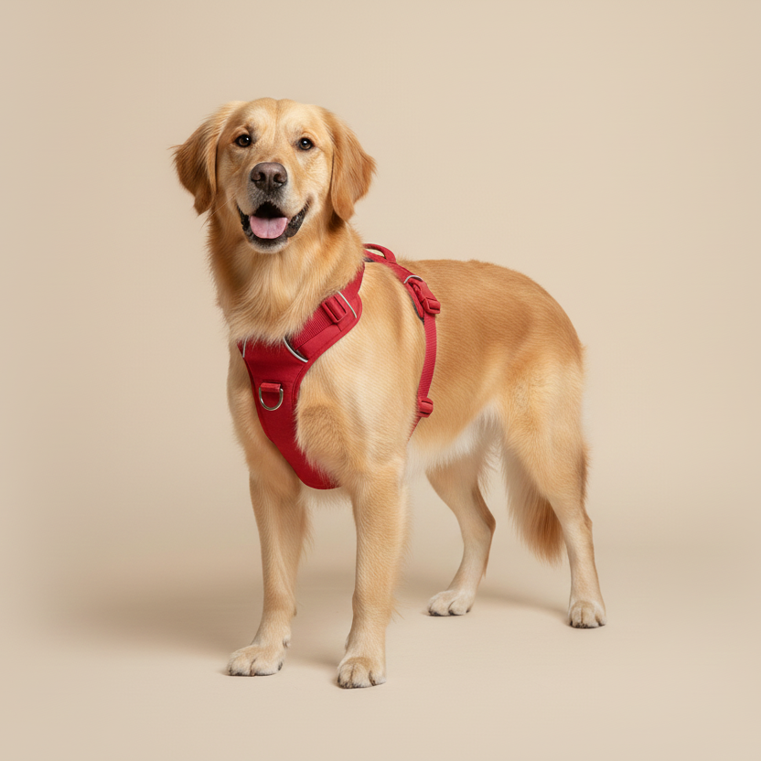 Dog wearing a red harness on a beige background
