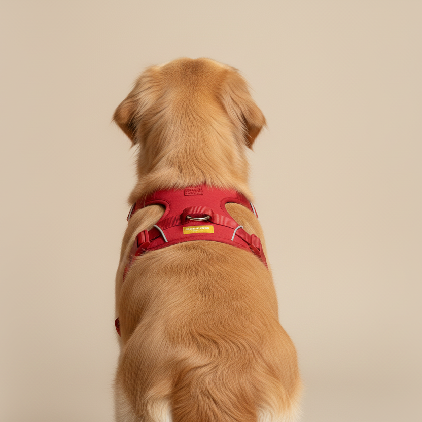 Dog wearing a red harness on a beige background